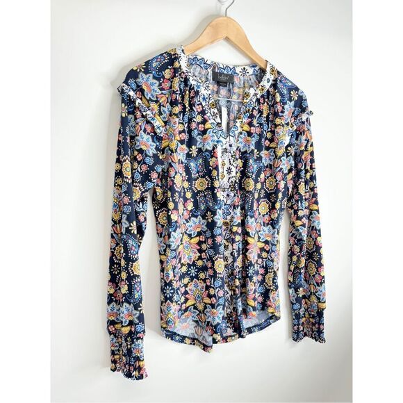 Belldini Womens Size Small Blue Floral Ruffled Long Sleeve Split Neck Blouse NWT - Picture 4 of 12